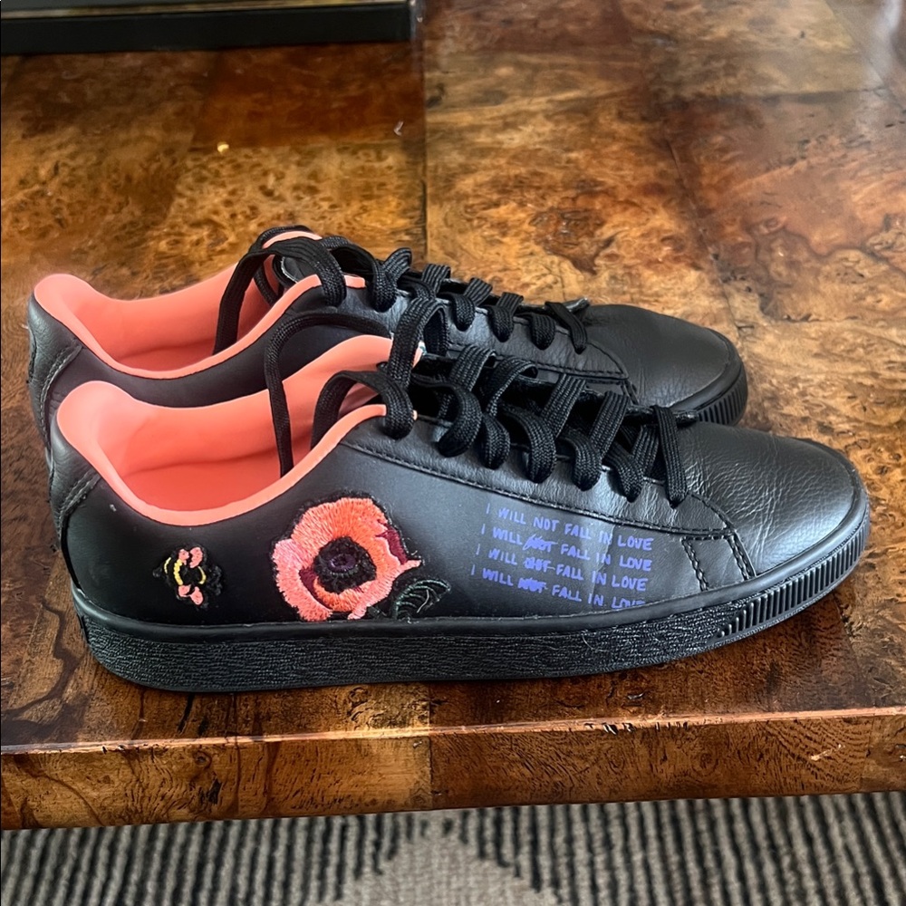 Puma Black Sneakers with Pink Floral Embroidery
